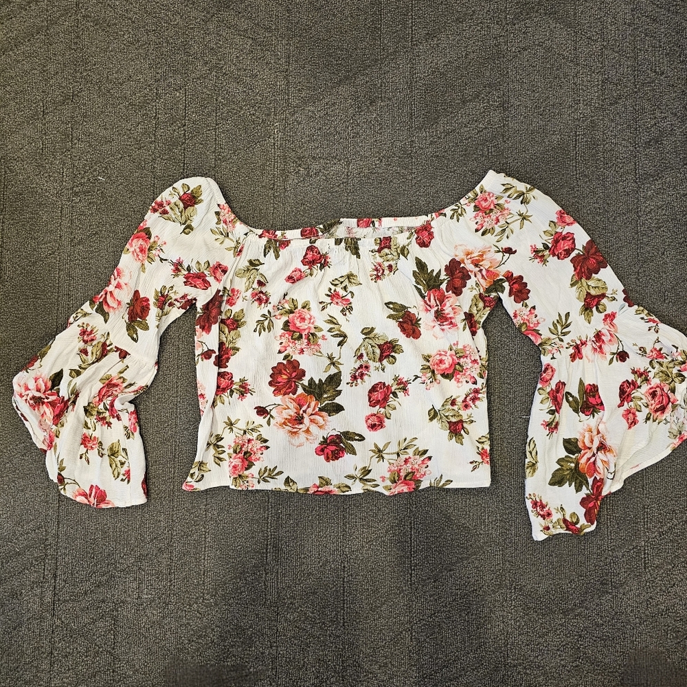 Ambiance Floral Blouse Women's Size M/L- Bell Sleeve, Off Shoulder